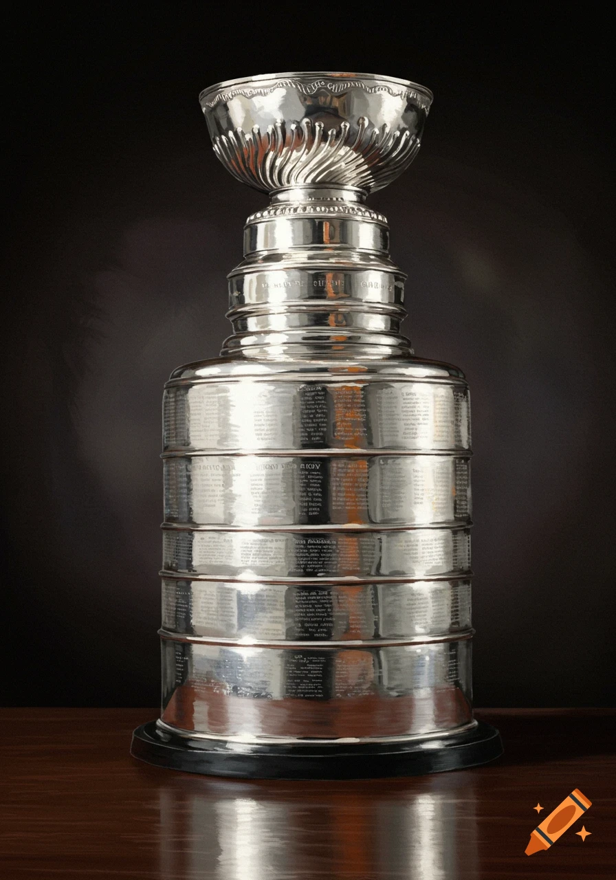 A close-up shot of the silver Stanley Cup trophy on a reflective wooden surface.
