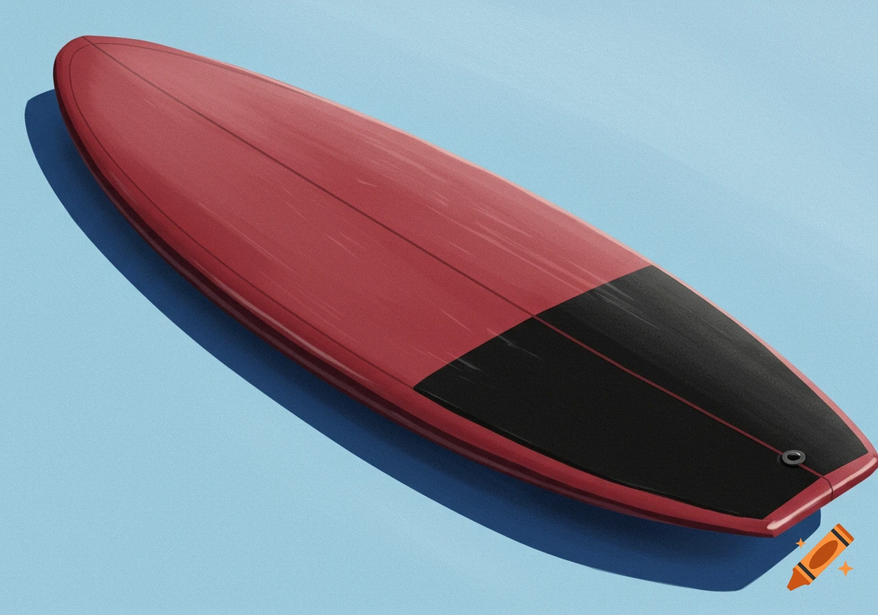 A red surfboard with a black nose on a light blue surface