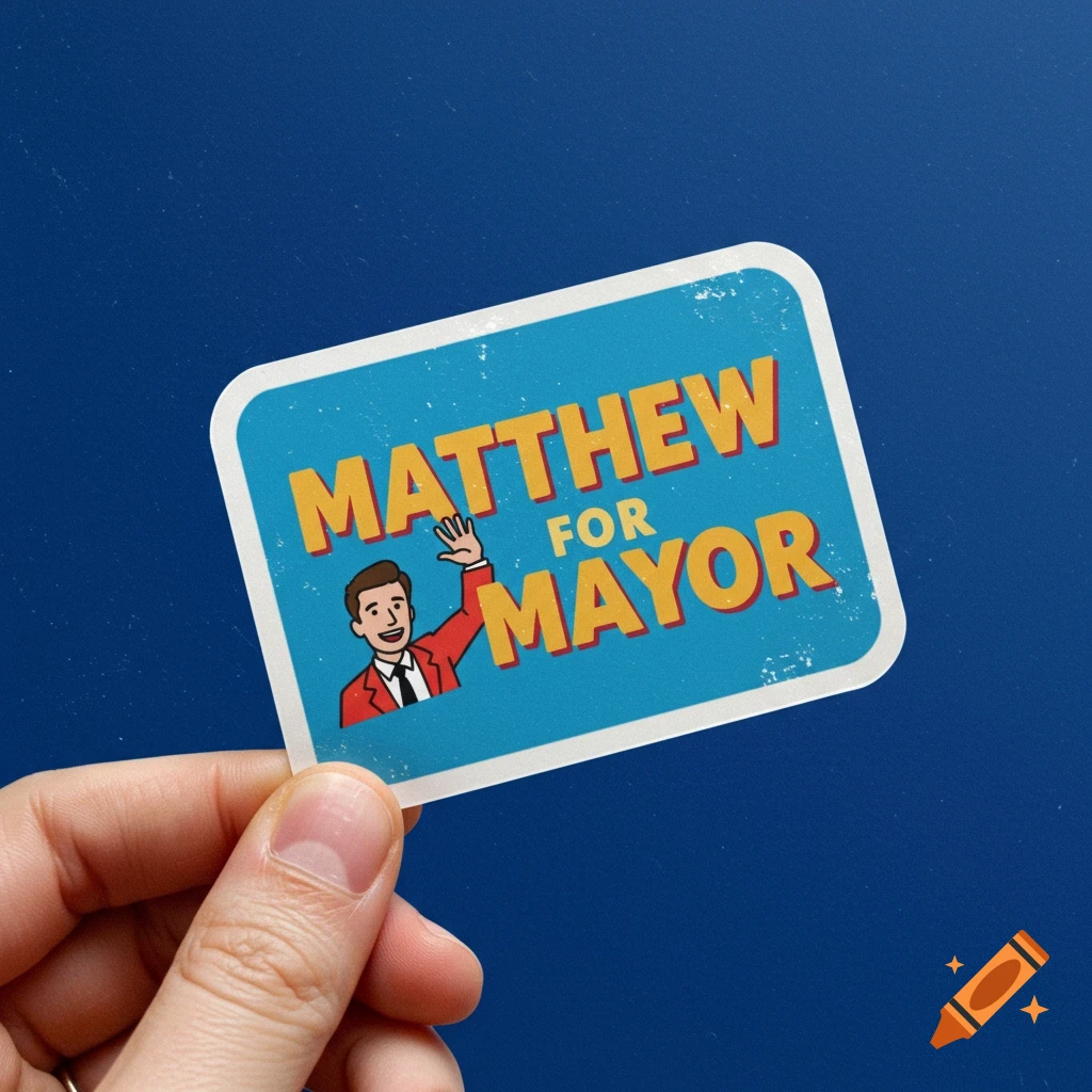 A hand holds up a blue sticker with a cartoon illustration of a man waving next to the text "MATTHEW FOR MAYOR".