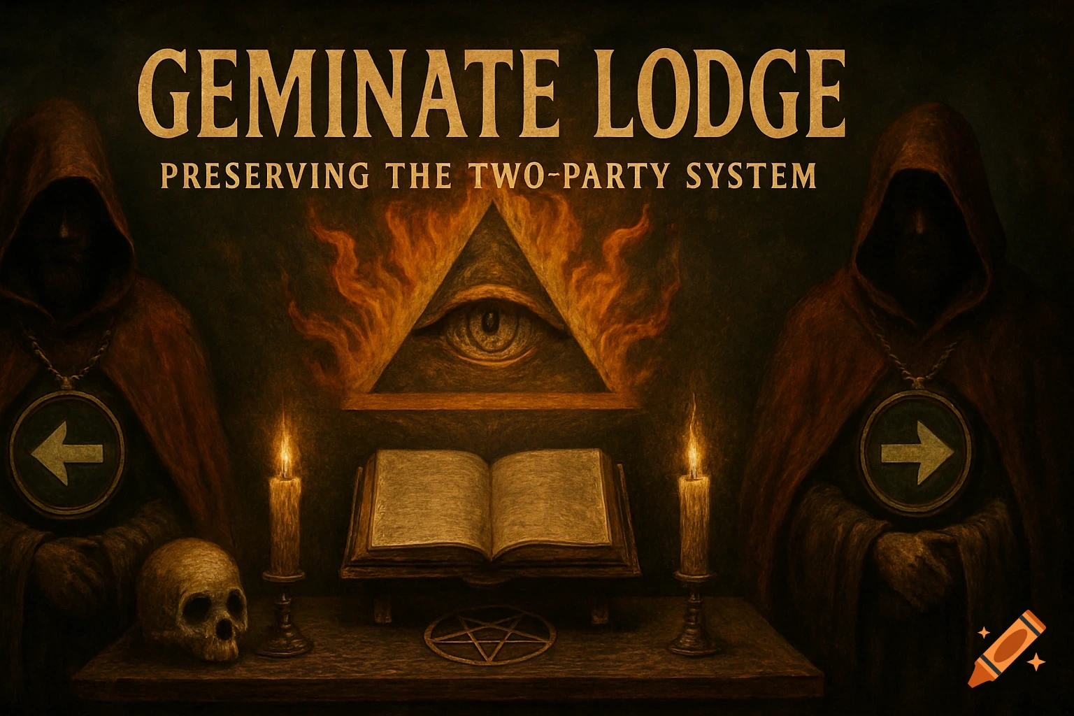 Dark, painterly image of two hooded figures flanking a table with a skull, candles, open book, and pentagram, with an all-seeing eye above. Text says "GEMINATE LODGE PRESERVING THE TWO-PARTY SYSTEM".