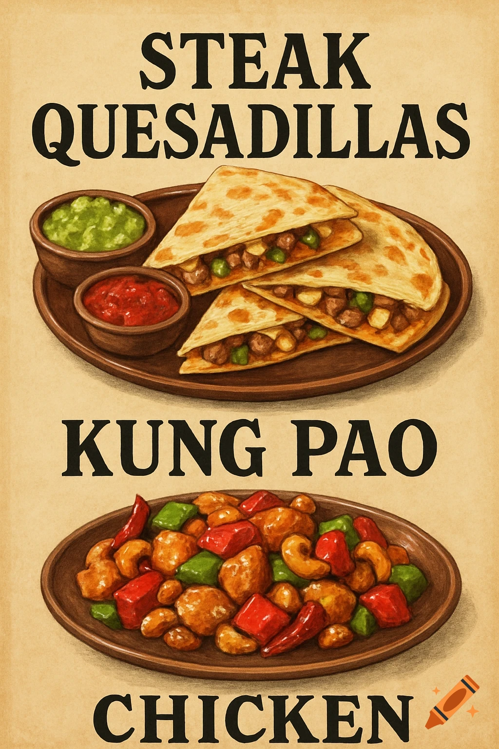 Poster for steak quesadillas and Kung Pao chicken, drawn style.
