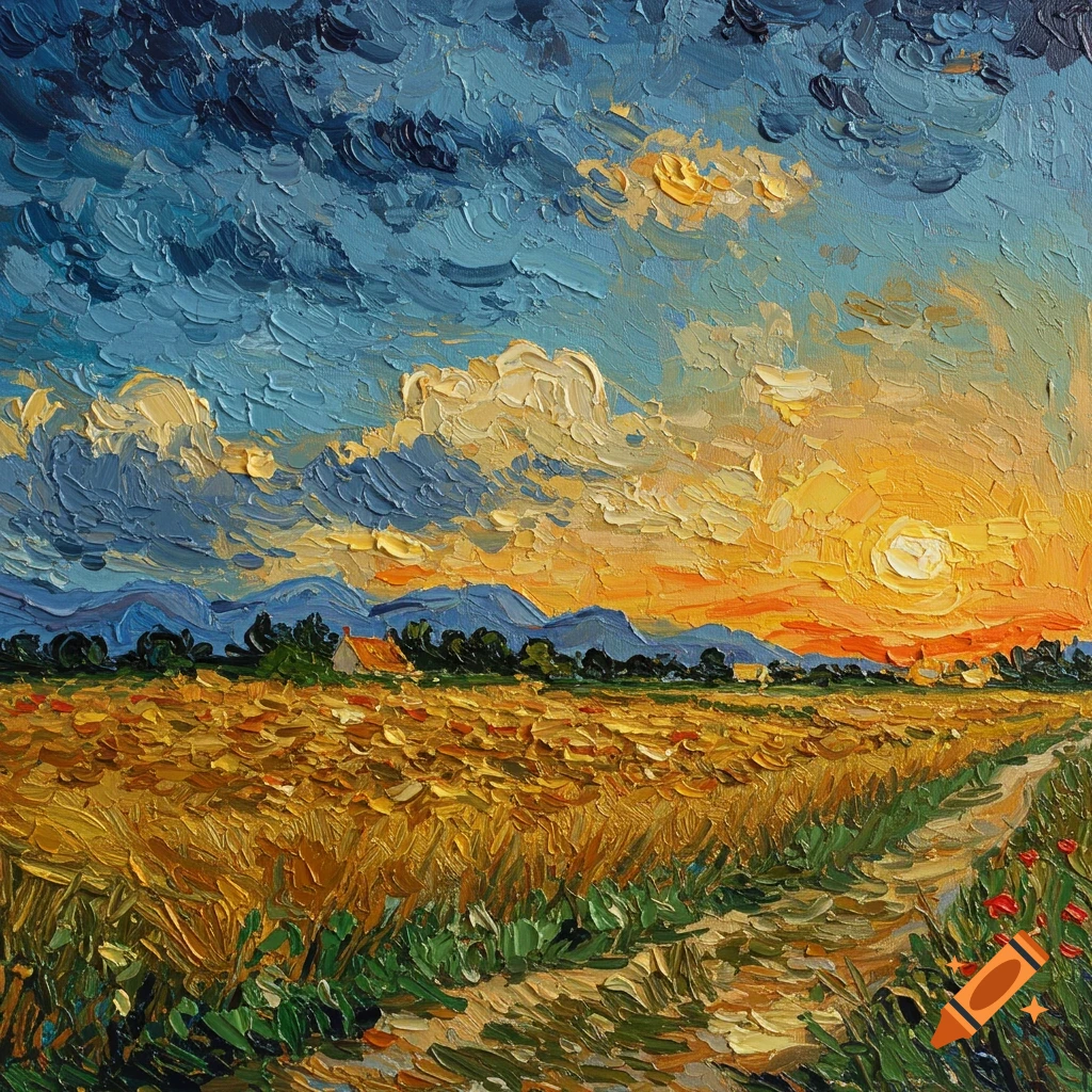 Impressionistic painting of a wheat field landscape at sunset.