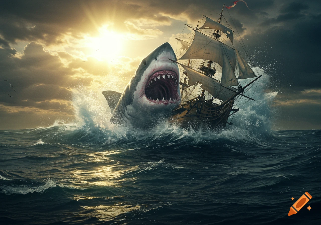 A massive shark with wide jaws breaches the ocean next to a sailing ship under a dramatic, sunlit sky.