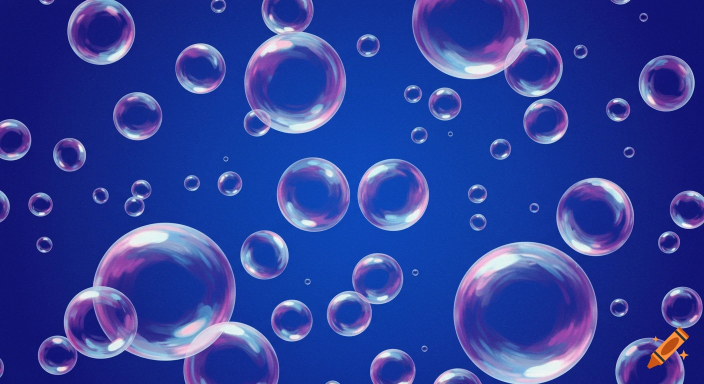 Iridescent bubbles floating on a dark blue background.