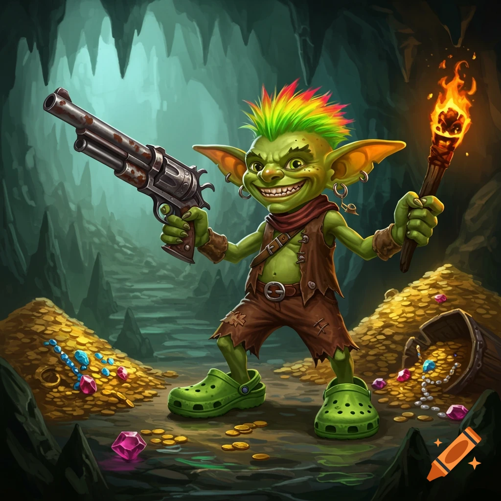 A green goblin with a mohawk holds a revolver and torch among treasure piles in a cave, wearing green crocs.