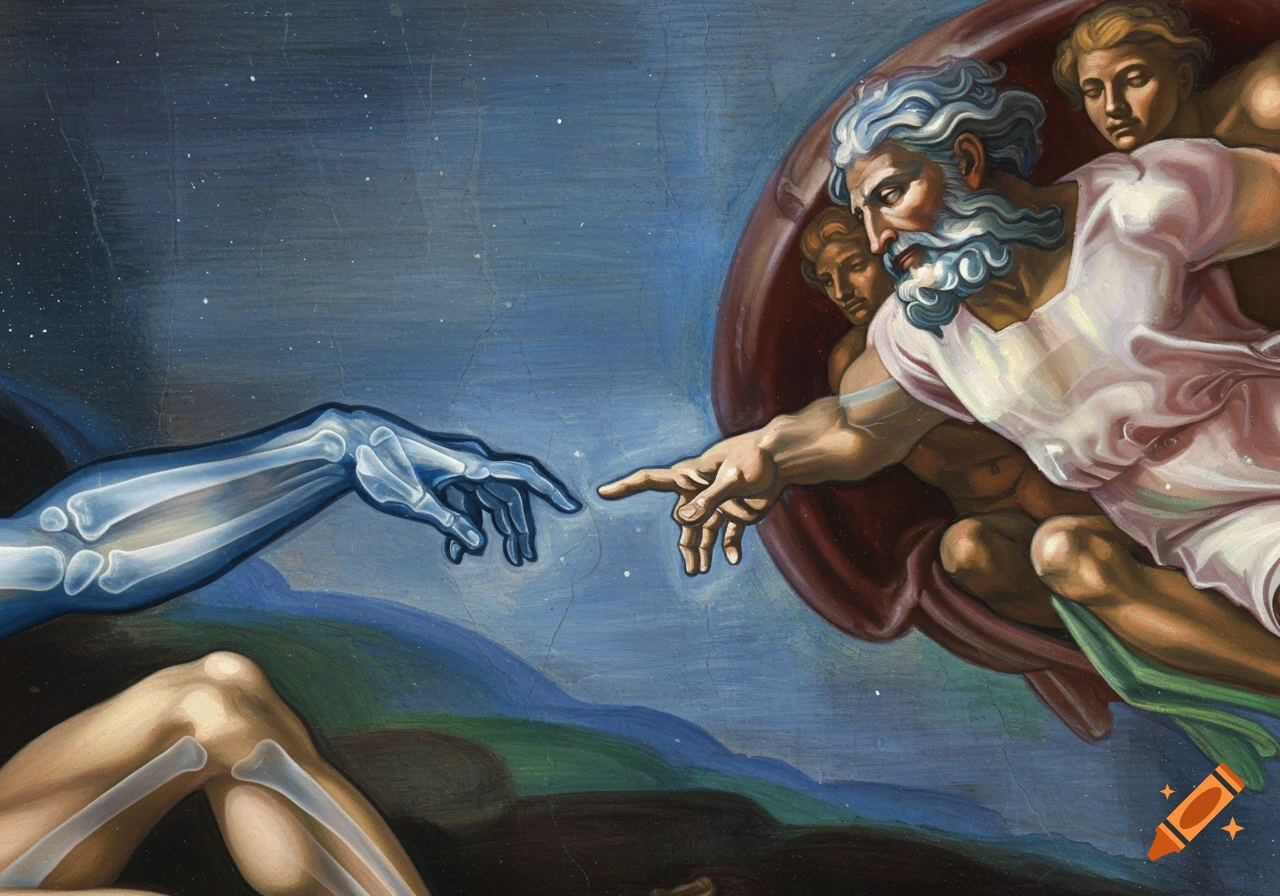 The hands from Michelangelo's Creation of Adam, one depicted as an x-ray, reaching out against a starry background.