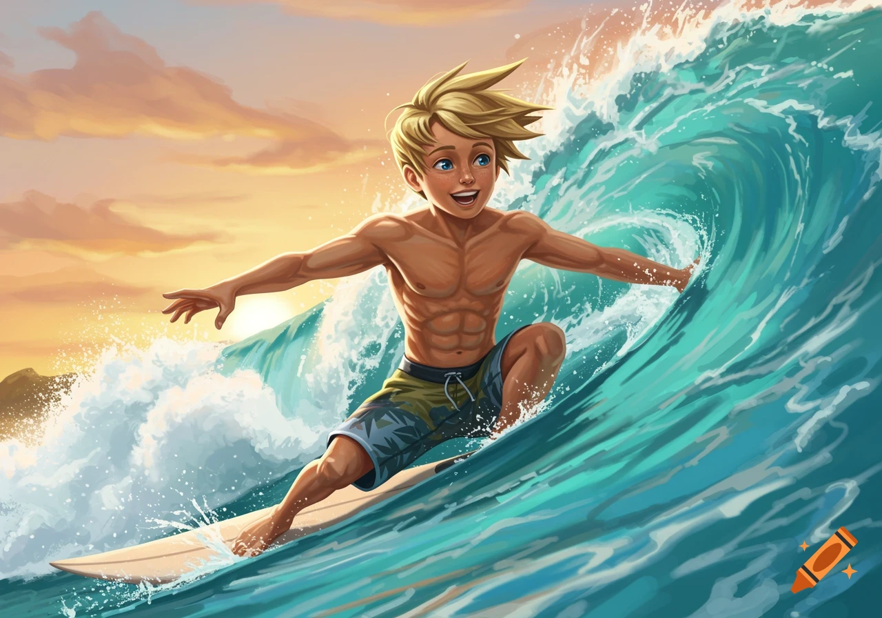 Cartoon illustration of a young boy surfing a big wave at sunset
