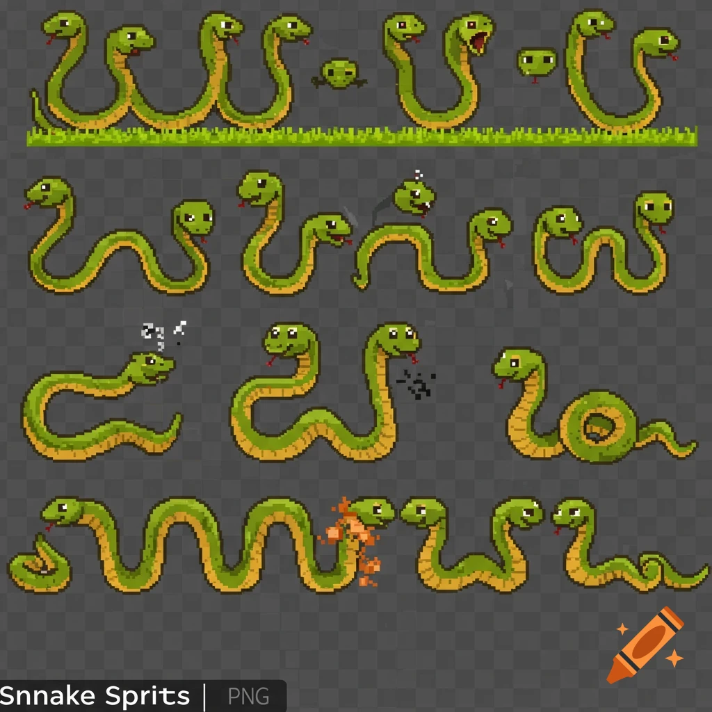 Multiple pixel art green and yellow snake sprites in various poses.