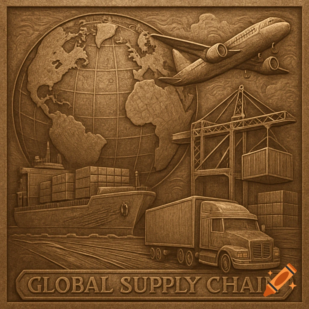 Engraving of a global supply chain with a ship, plane, truck, crane, and globe, labeled GLOBAL SUPPLY CHAIN.