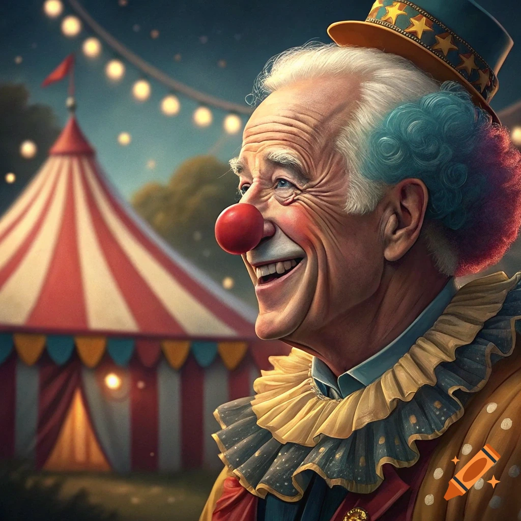 Portrait of a man in clown makeup and costume smiling at a circus.