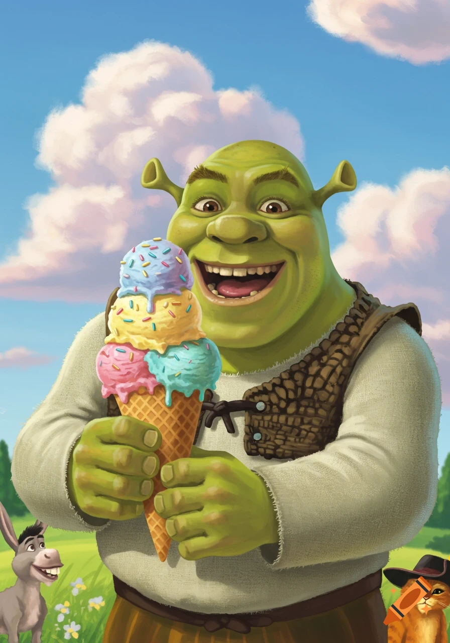 Shrek holds a large colorful ice cream cone with Donkey and Puss in Boots nearby.
