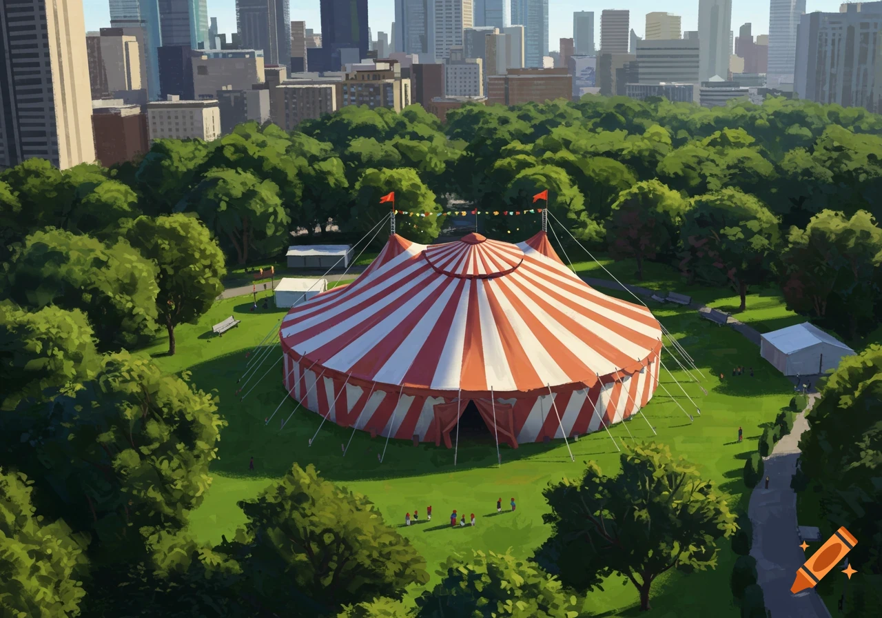 An overhead view of a large red and white circus tent in a city park with trees and buildings in the background.