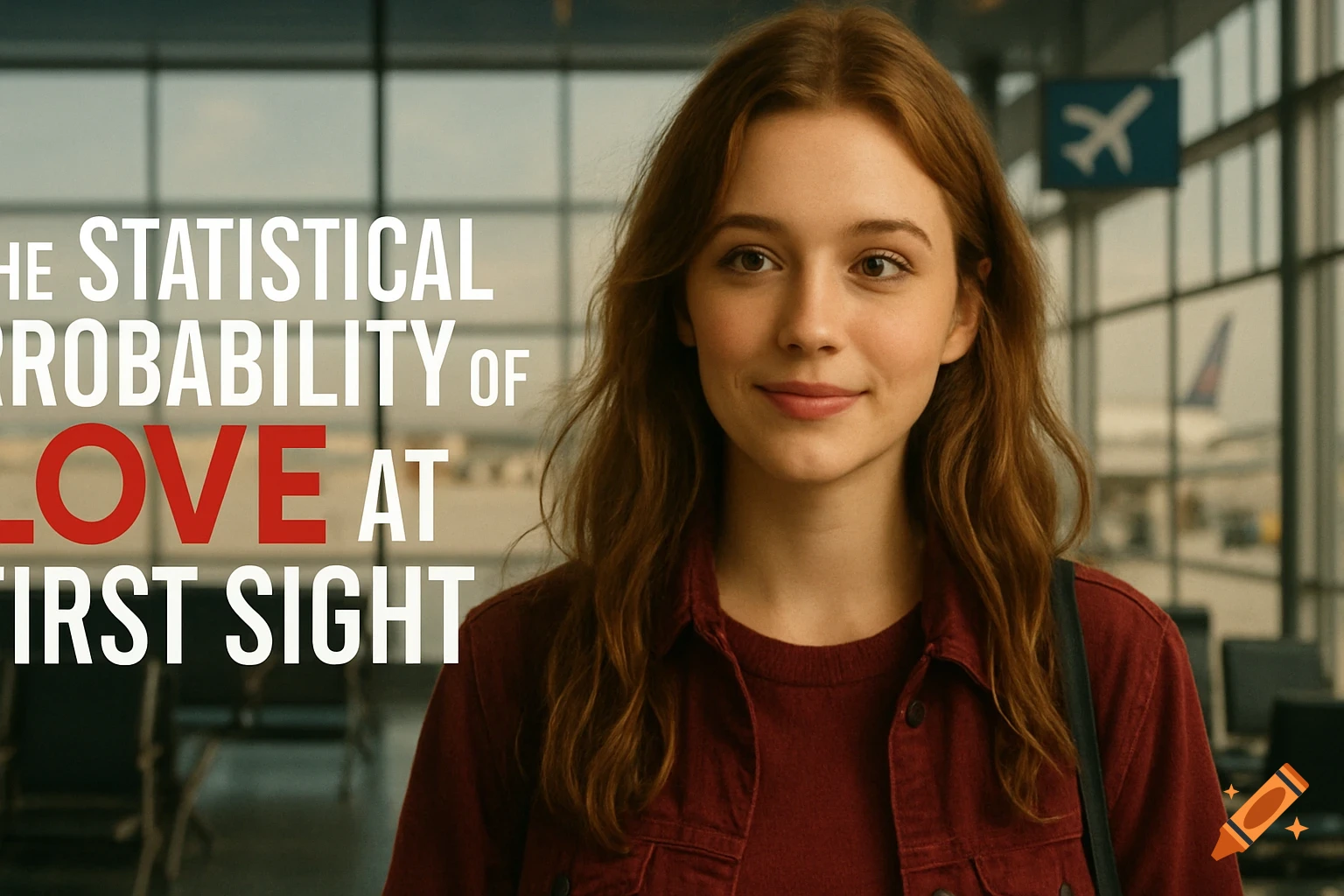 Young woman smiling in an airport with the title 'THE STATISTICAL PROBABILITY OF LOVE AT FIRST SIGHT' overlaid, like a movie poster.
