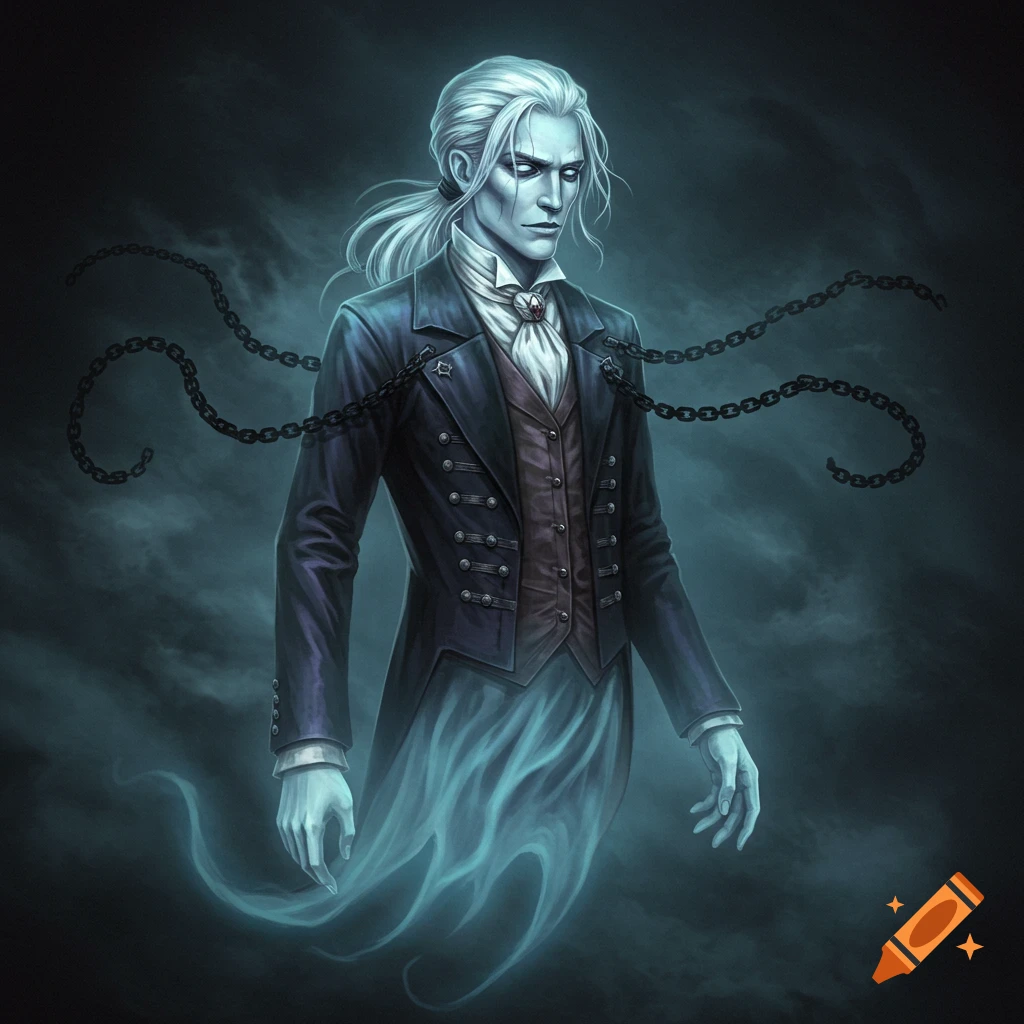 A ghostly figure in a tailcoat with white hair tied back, wrapped in chains.