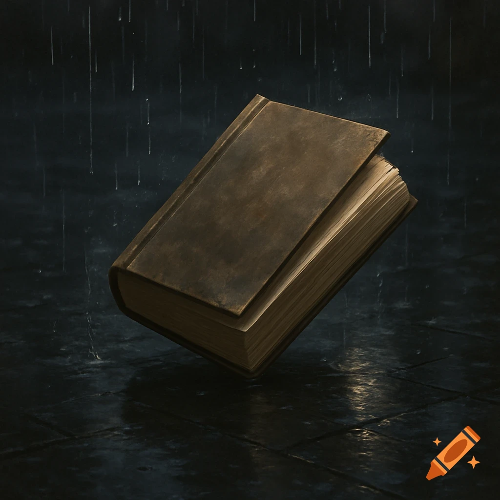 An old book falls onto dark, wet pavement in the rain.