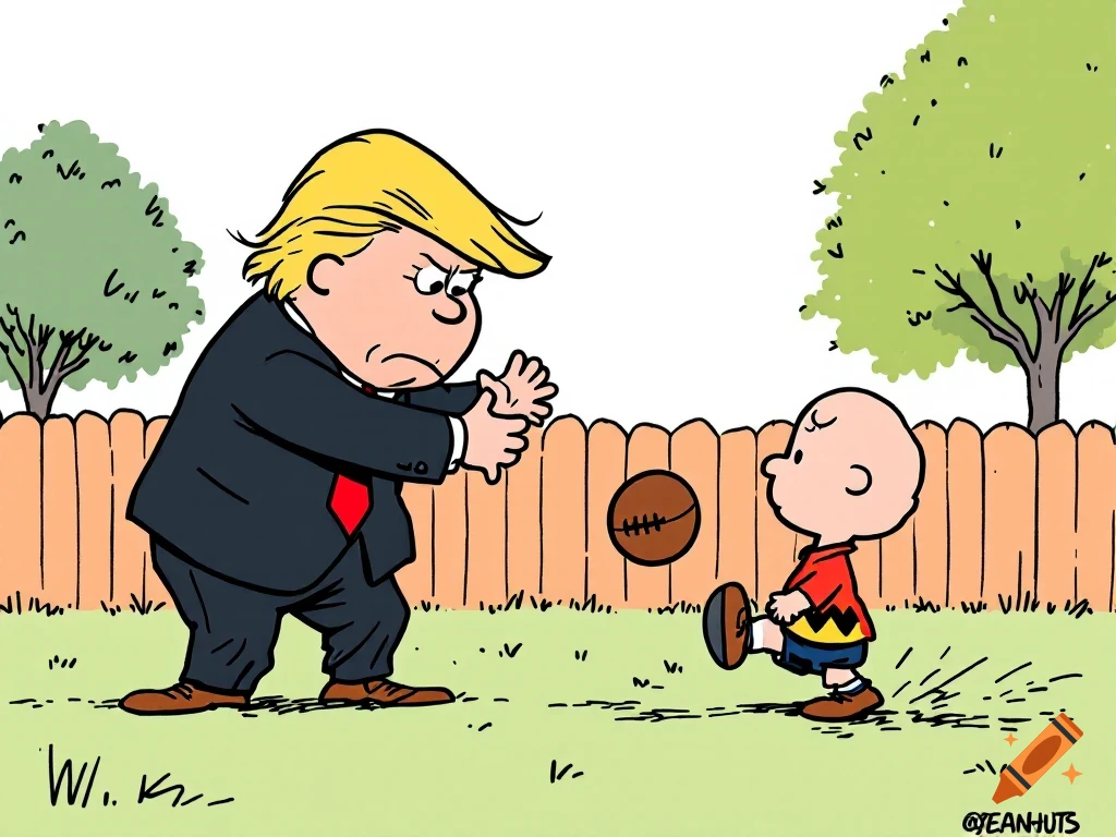 Cartoon of Donald Trump pulling a football away from Charlie Brown in a backyard.