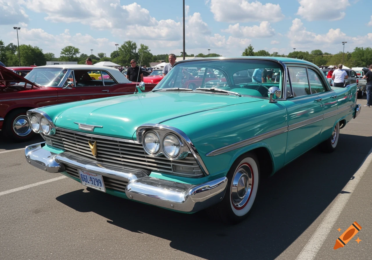 Turquoise 1958 Plymouth Fury parked outdoors at a car show.