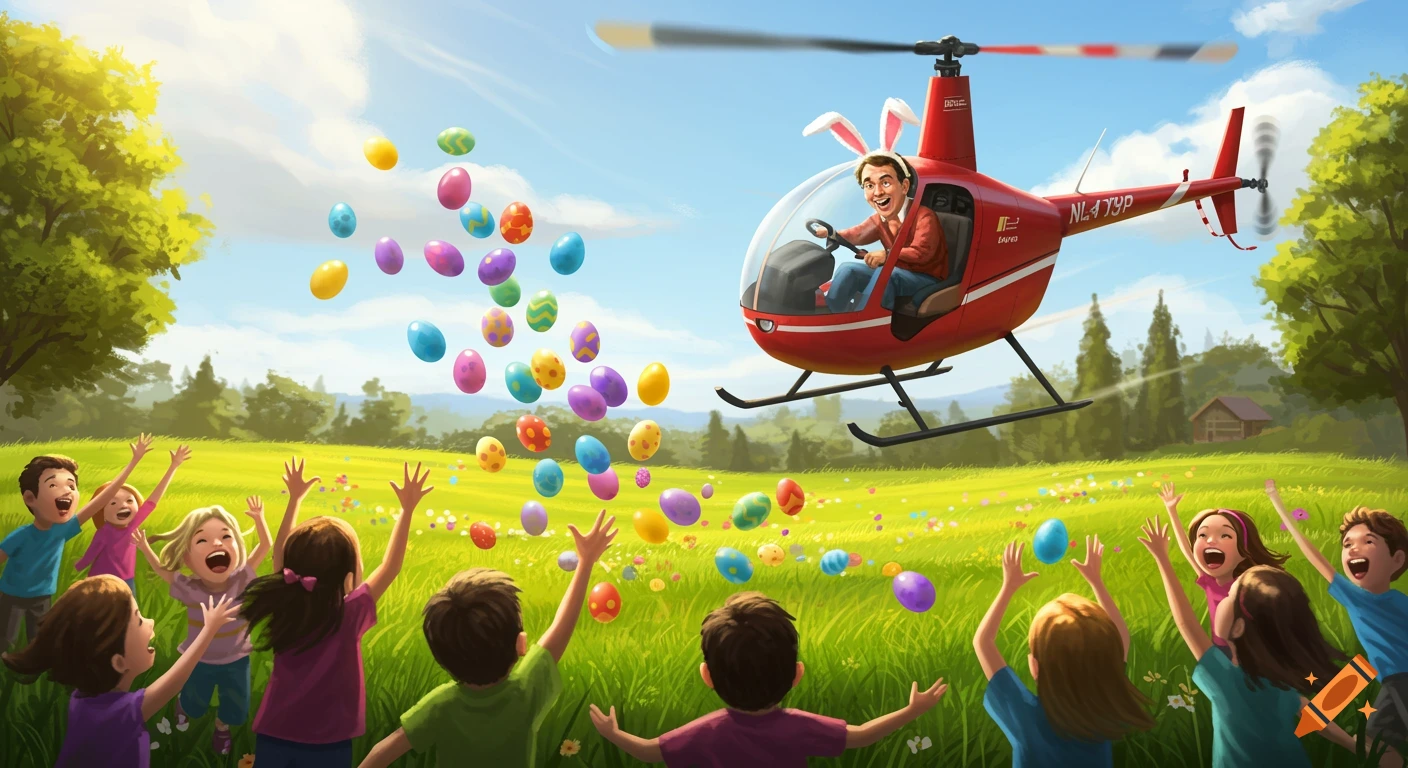 An illustration of children reaching up as a helicopter drops colorful Easter eggs over a grassy field.