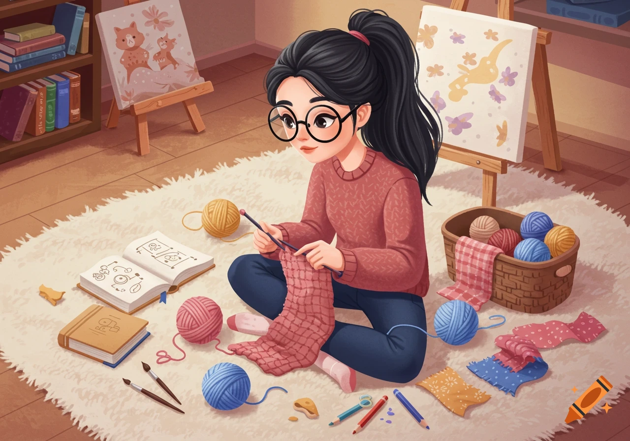 Cartoon illustration of a woman with glasses knitting on a rug, surrounded by yarn, books, and art supplies.