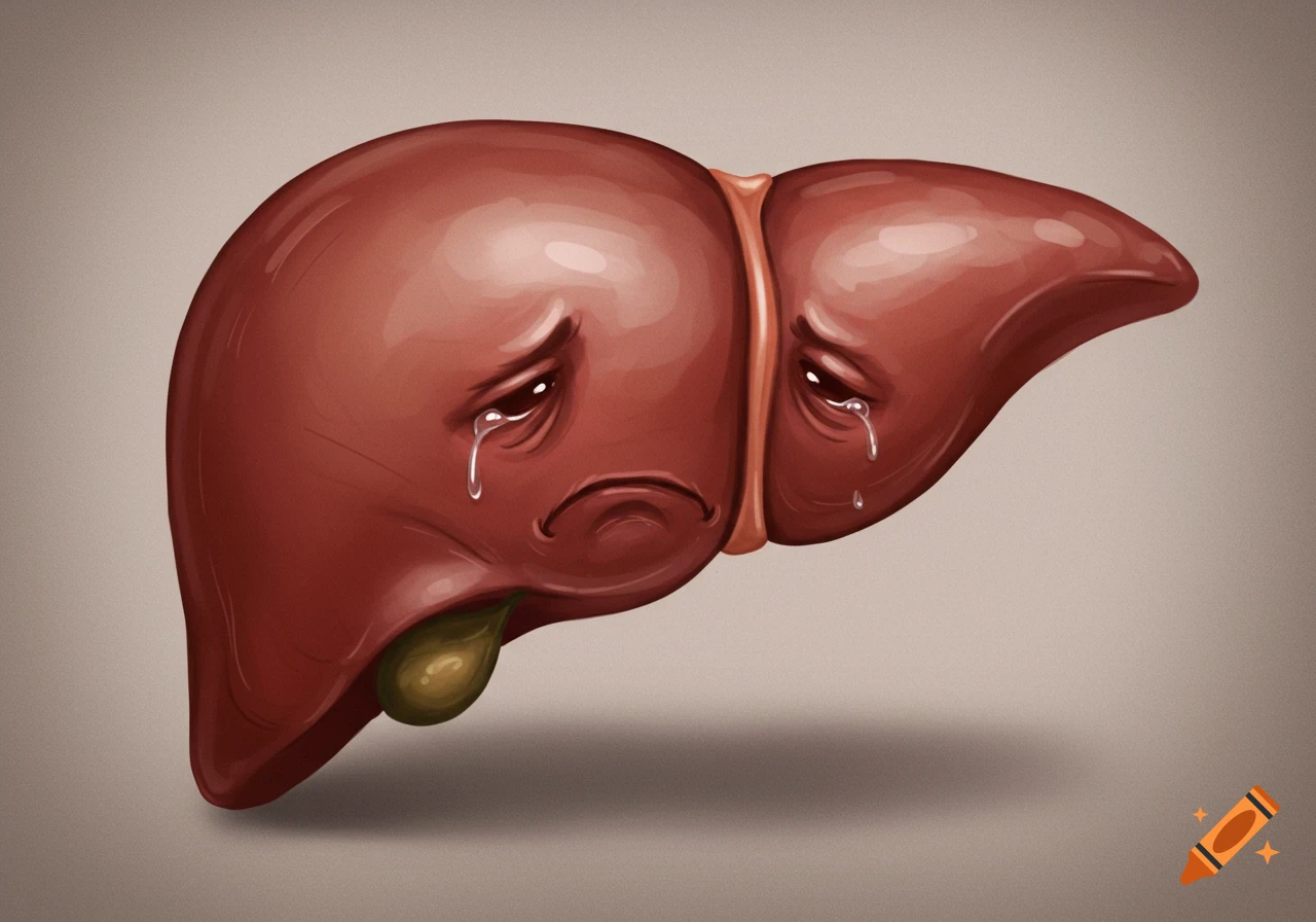 Illustration of a sad cartoon liver crying tears