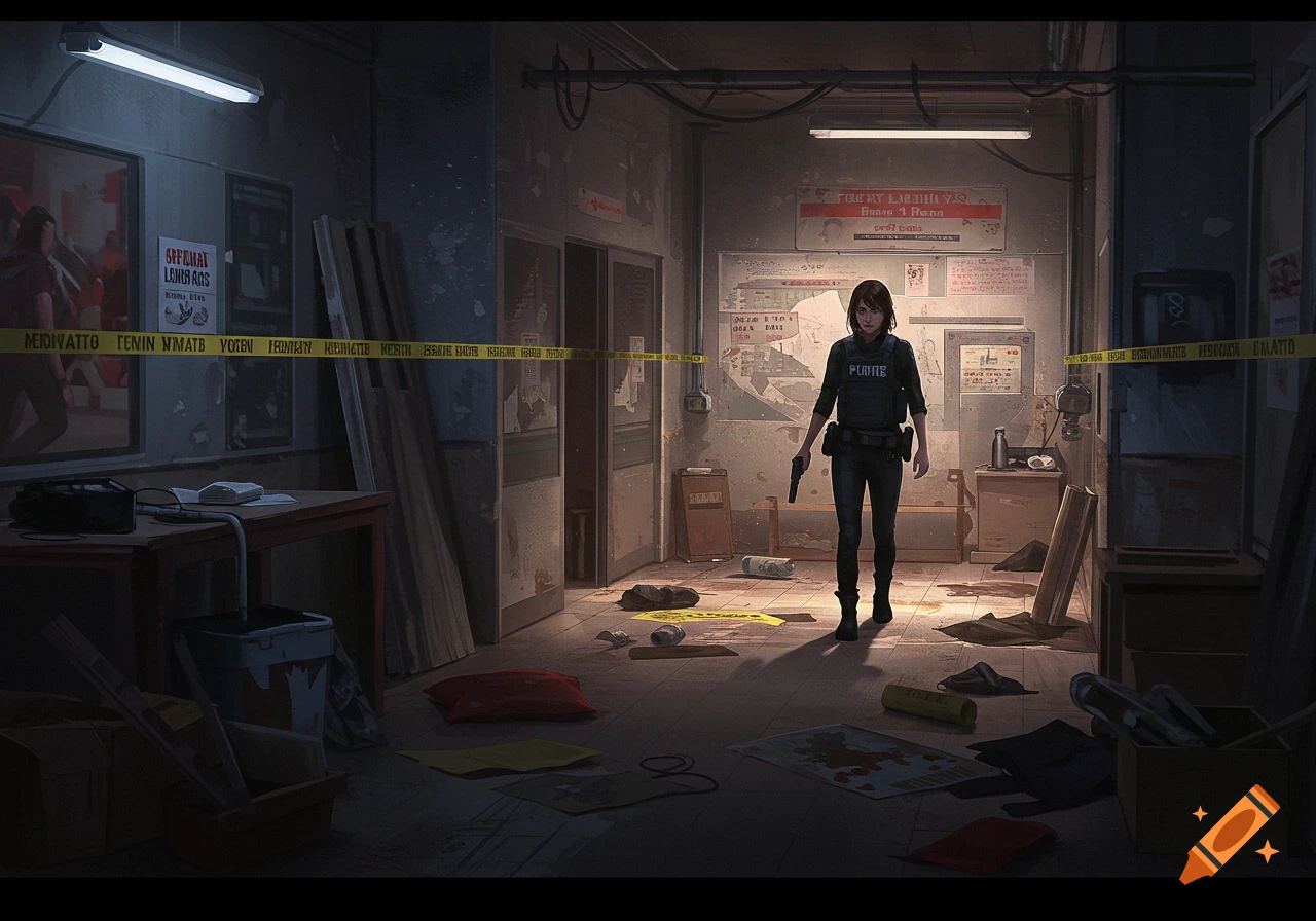 A detective with a gun investigates a crime scene in a dark room with caution tape and scattered items.