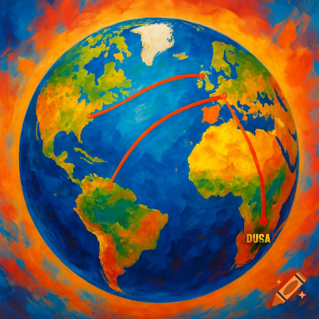 Stylized painting of Earth with red lines connecting locations across continents, set against a warm, vivid background.
