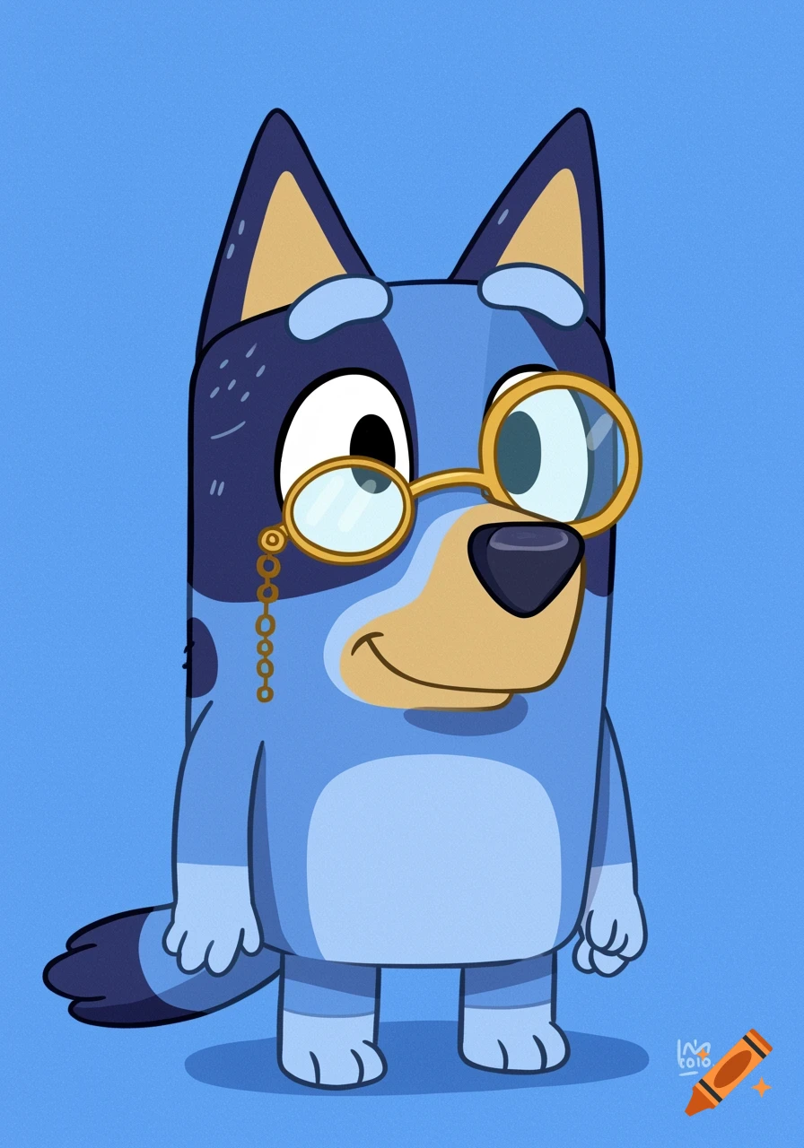 Bluey cartoon character wearing a monocle.