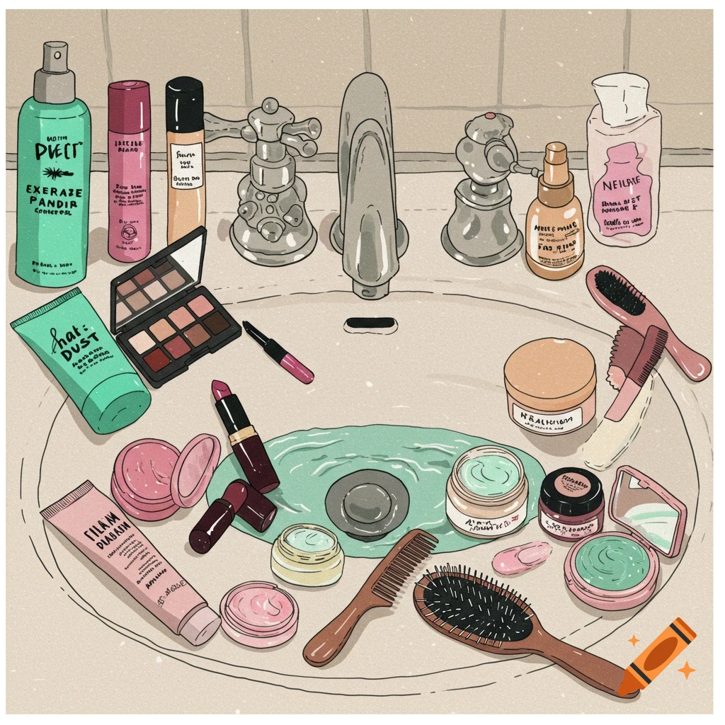 An illustration of makeup, skincare, and hair products arranged around a bathroom sink.