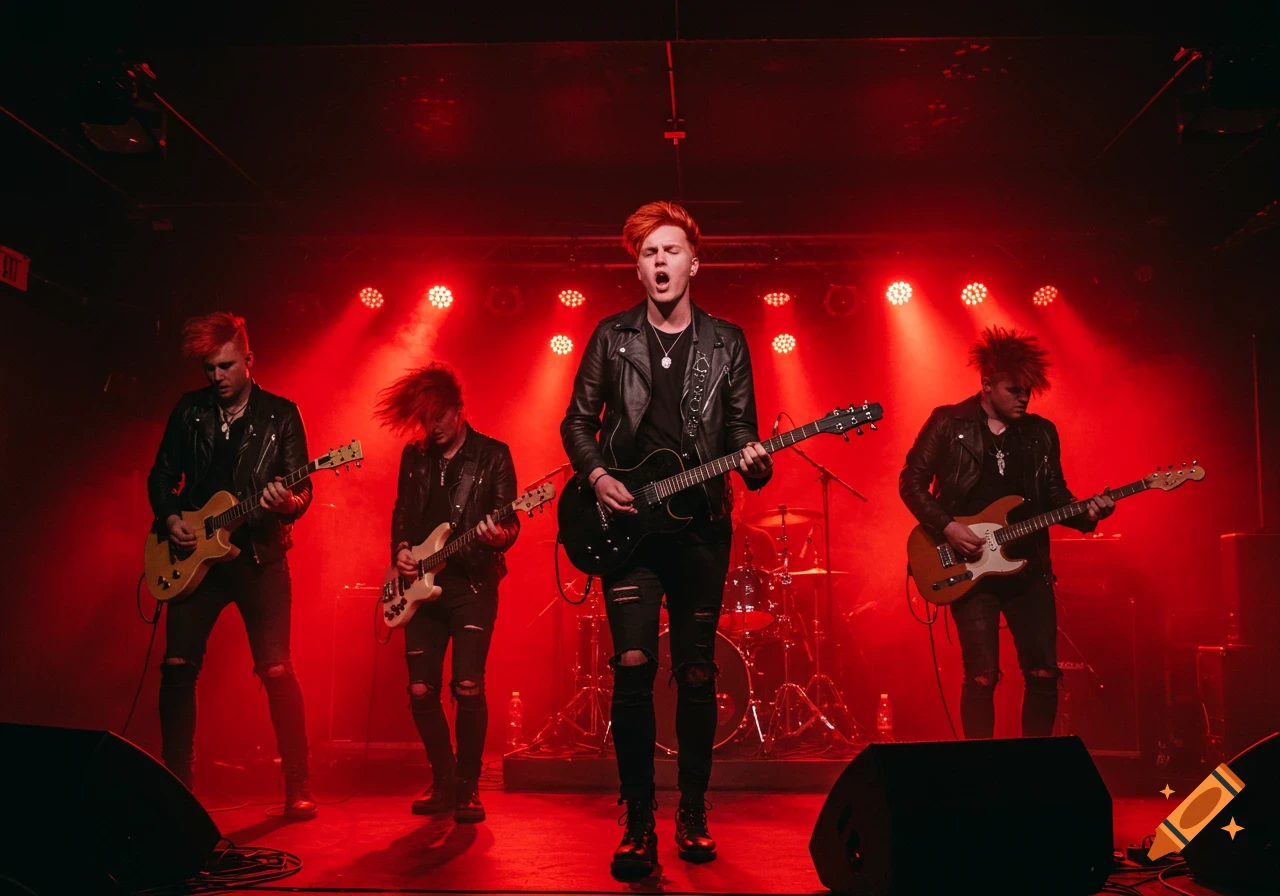 Band performing rock music on stage under red lights.