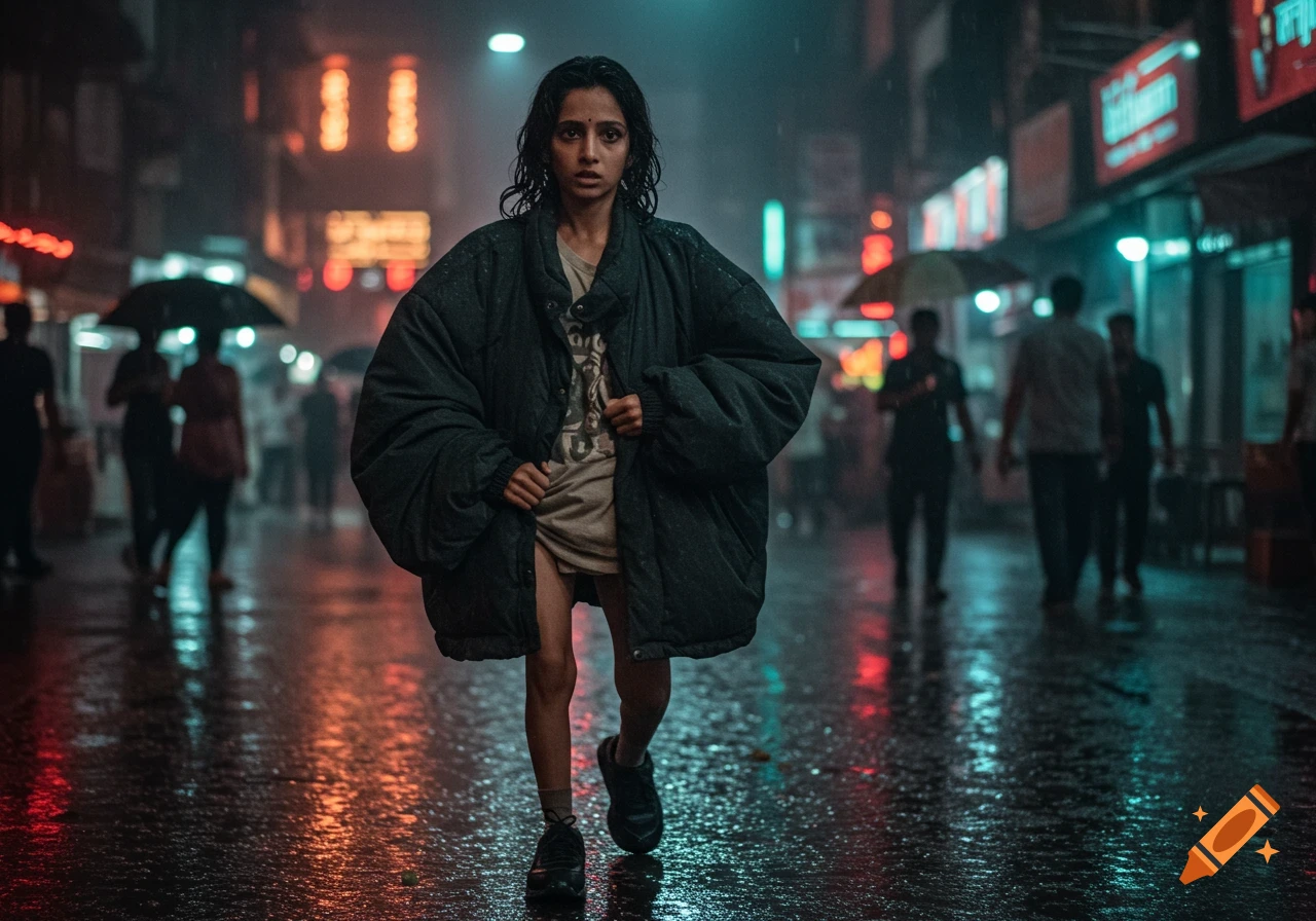 A woman in an oversized jacket walks on a wet street at night in the rain. Neon signs reflect on the pavement. Photorealistic, moody.