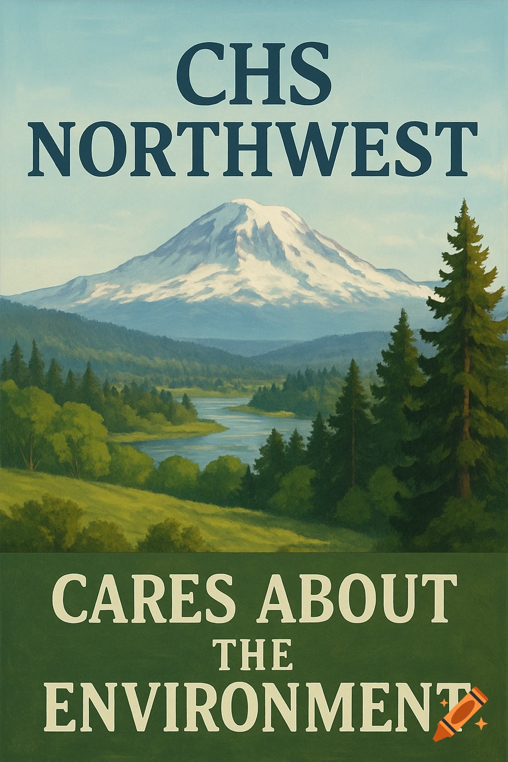 Poster with a mountain landscape, river, trees, and the text 'CHS Northwest Cares About the Environment'.