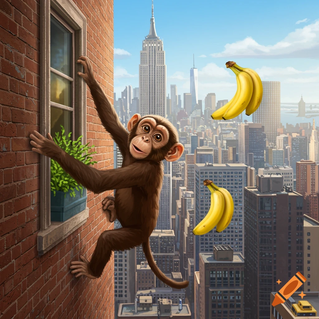 An illustrated monkey climbs a brick building wall in a city skyline, reaching for floating bananas.