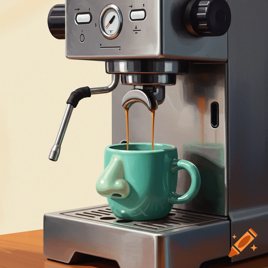 A coffee machine pours espresso into a light blue cup shaped like a large nose.