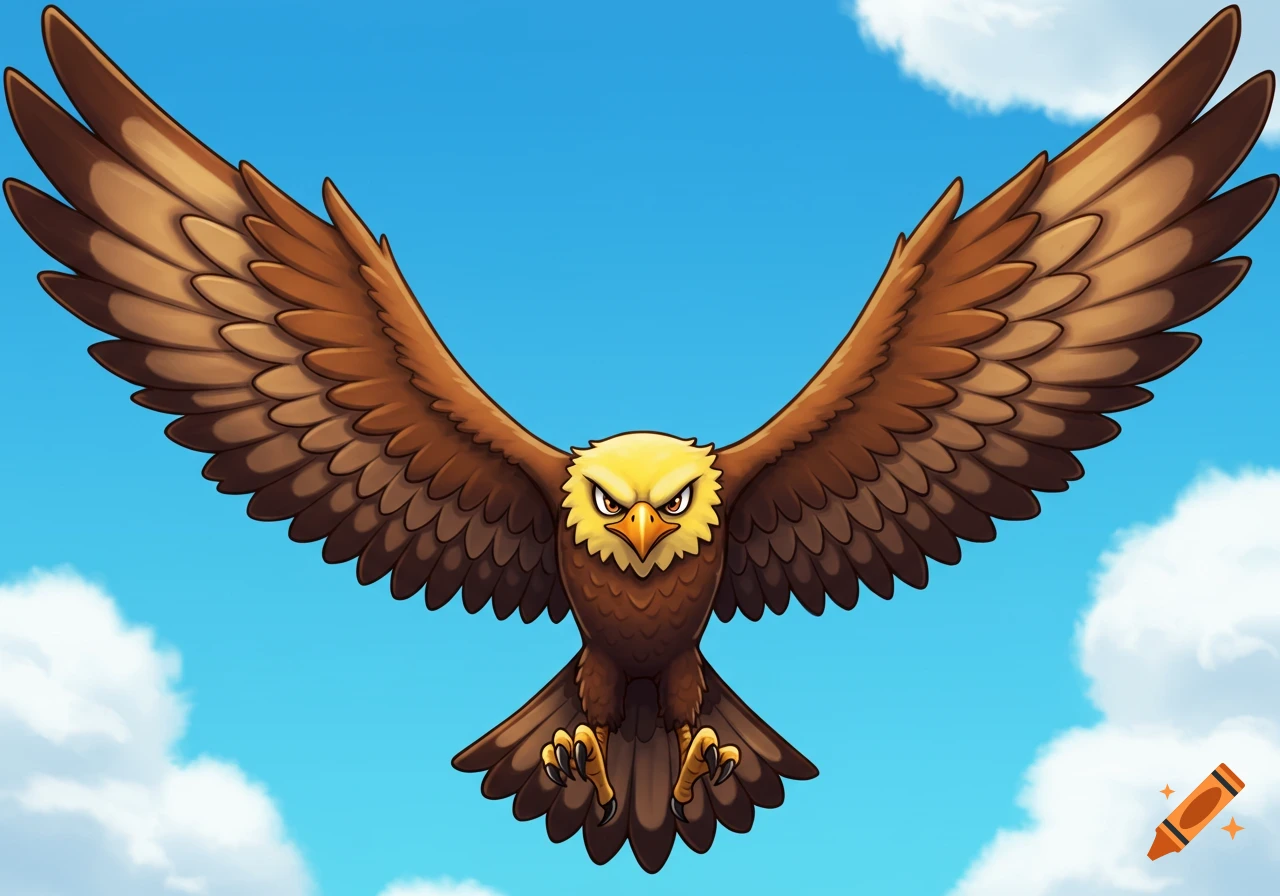 A cartoon eagle flies with wings spread against a blue sky with clouds.