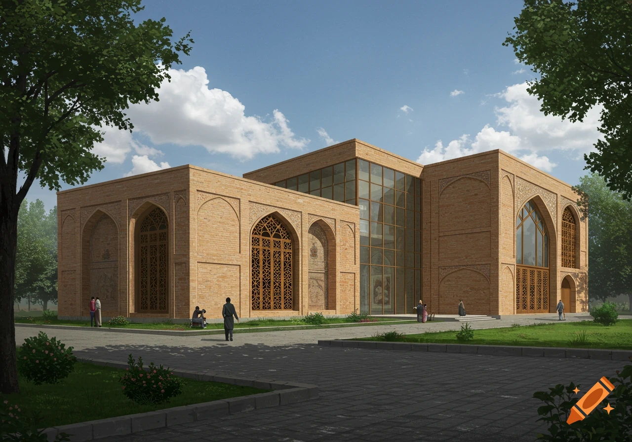 A modern museum building blending brickwork, glass, and arched windows with traditional Iranian details, surrounded by trees and a paved walkway.