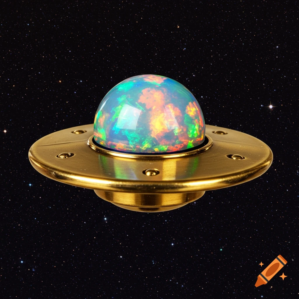 Golden UFO with an iridescent opal dome floats in dark space among stars.