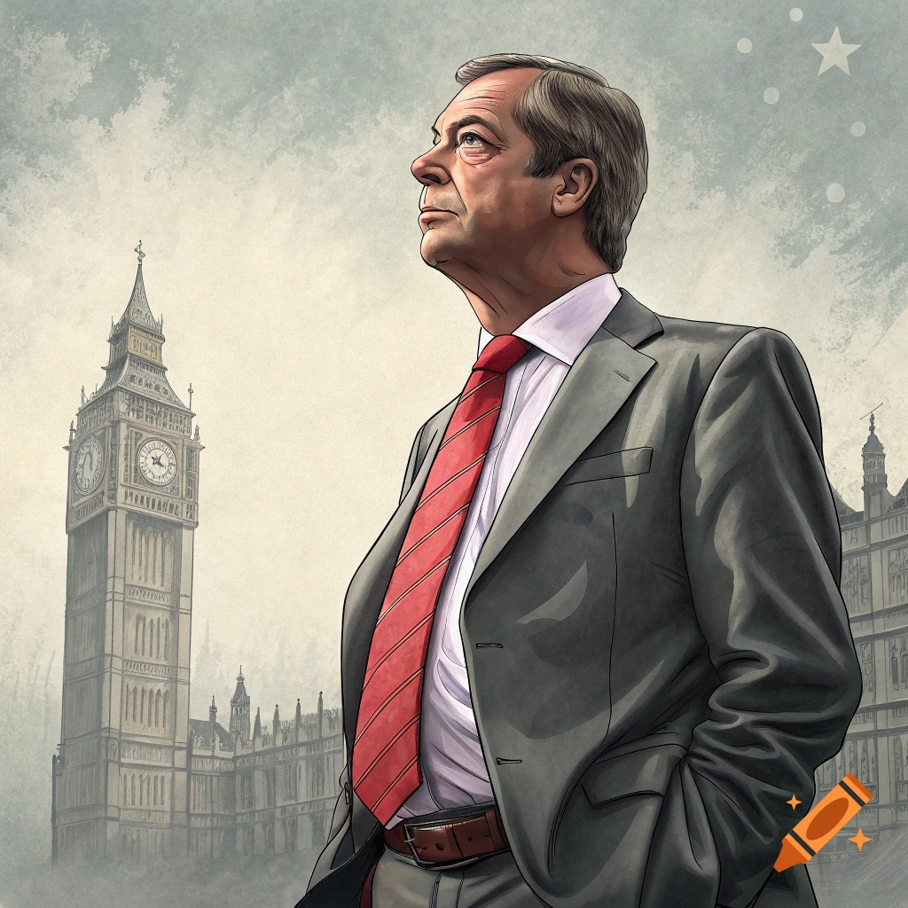 Man resembling Nigel Farage in a suit standing near Big Ben, illustrated style.