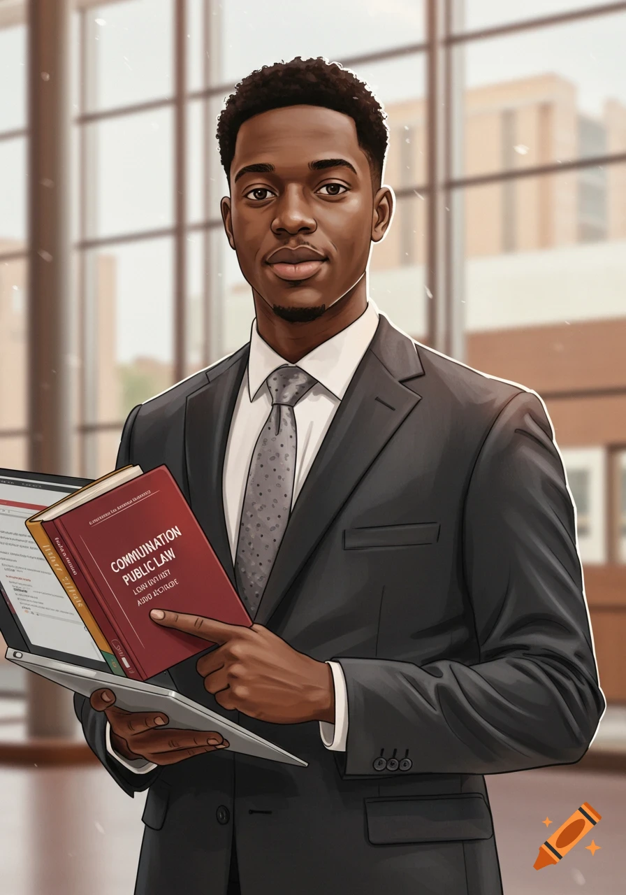 Illustration of a Black man in a suit holding a law book and tablet.