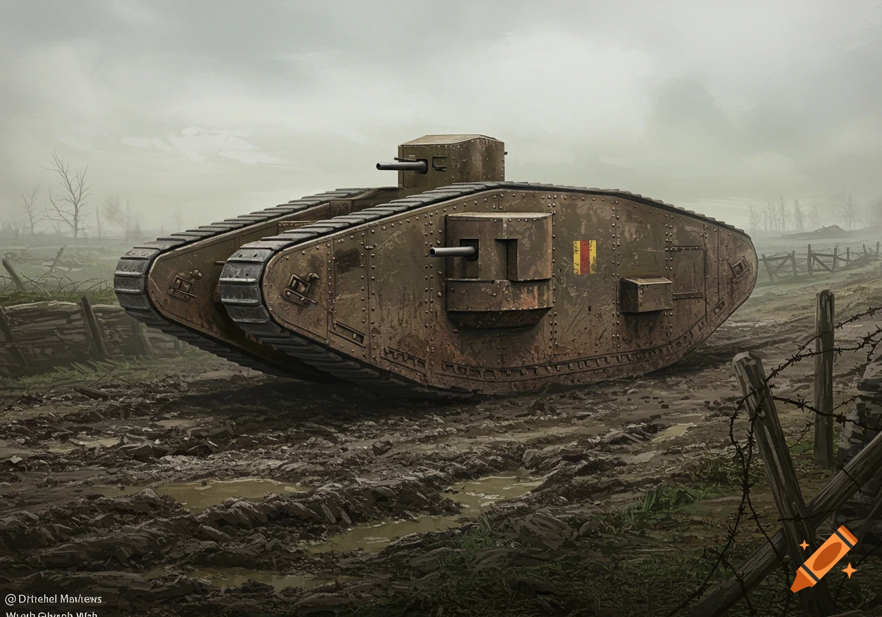Illustration of a WW1 tank driving through a muddy battlefield under a cloudy sky.