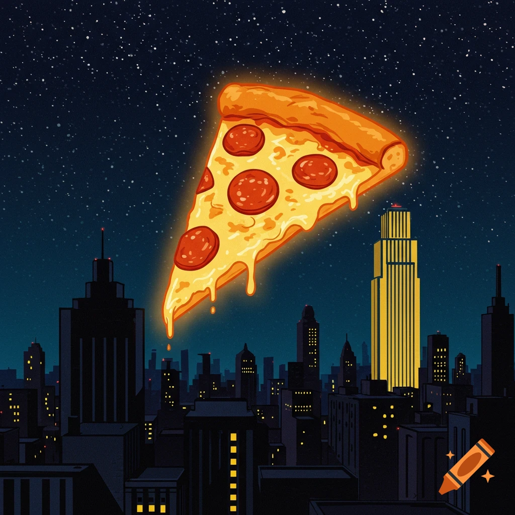 A giant glowing pizza slice rises above a dark city skyline at night like a bat signal.