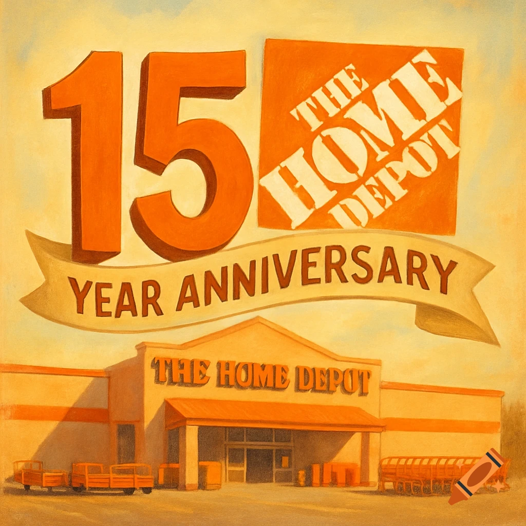Painting of a Home Depot store with a large '15' and 'Year Anniversary' banner.