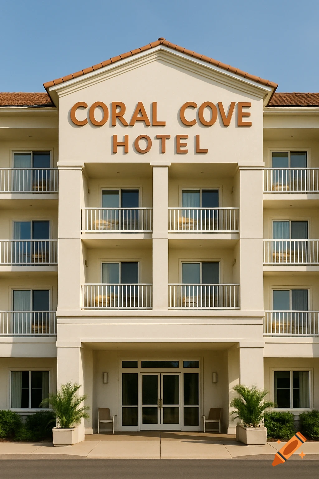 A realistic photo of a beige hotel building with "Coral Cove Hotel" written on the front.
