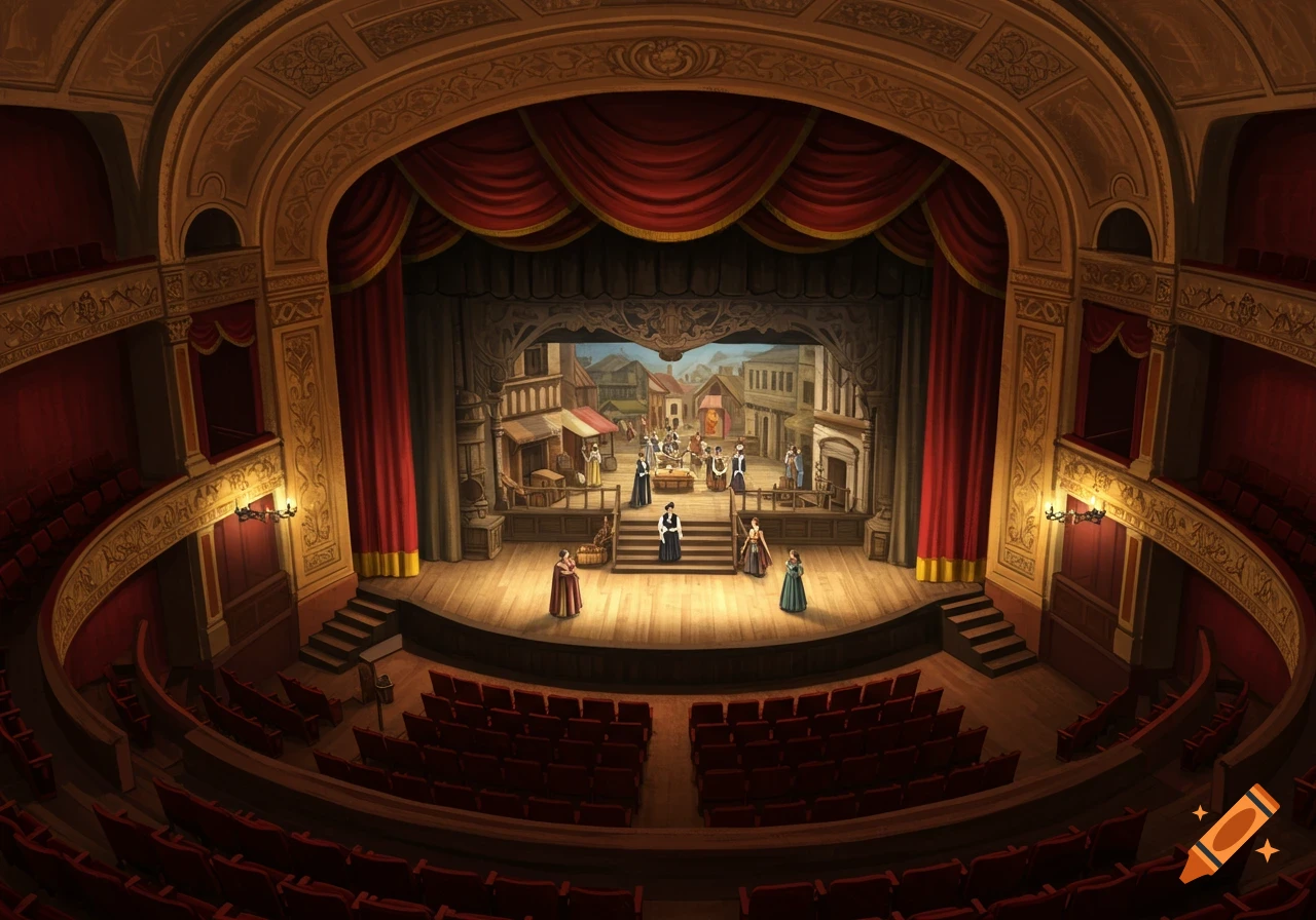 Birds eye view of a detailed proscenium arch theatre stage with actors performing in front of a town square backdrop.