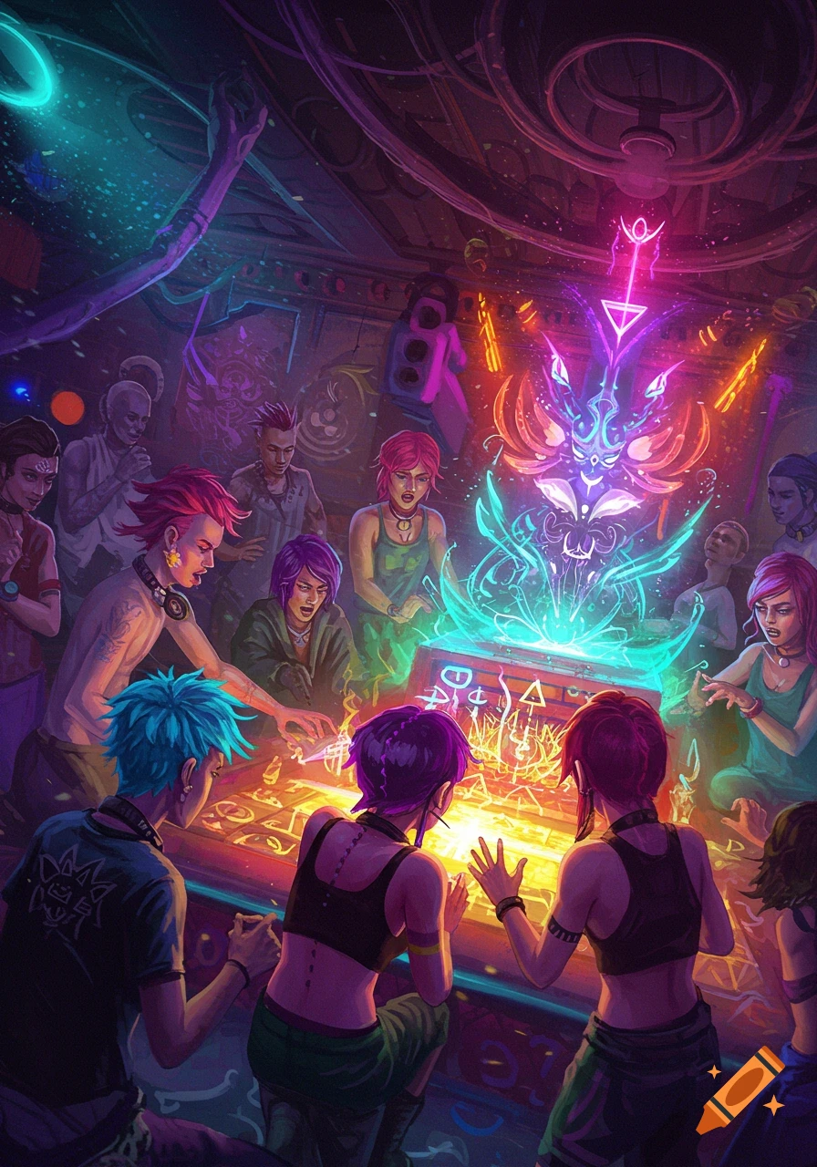 A group of people perform a glowing summoning ritual around a table covered in symbols in a dark, neon-lit room.