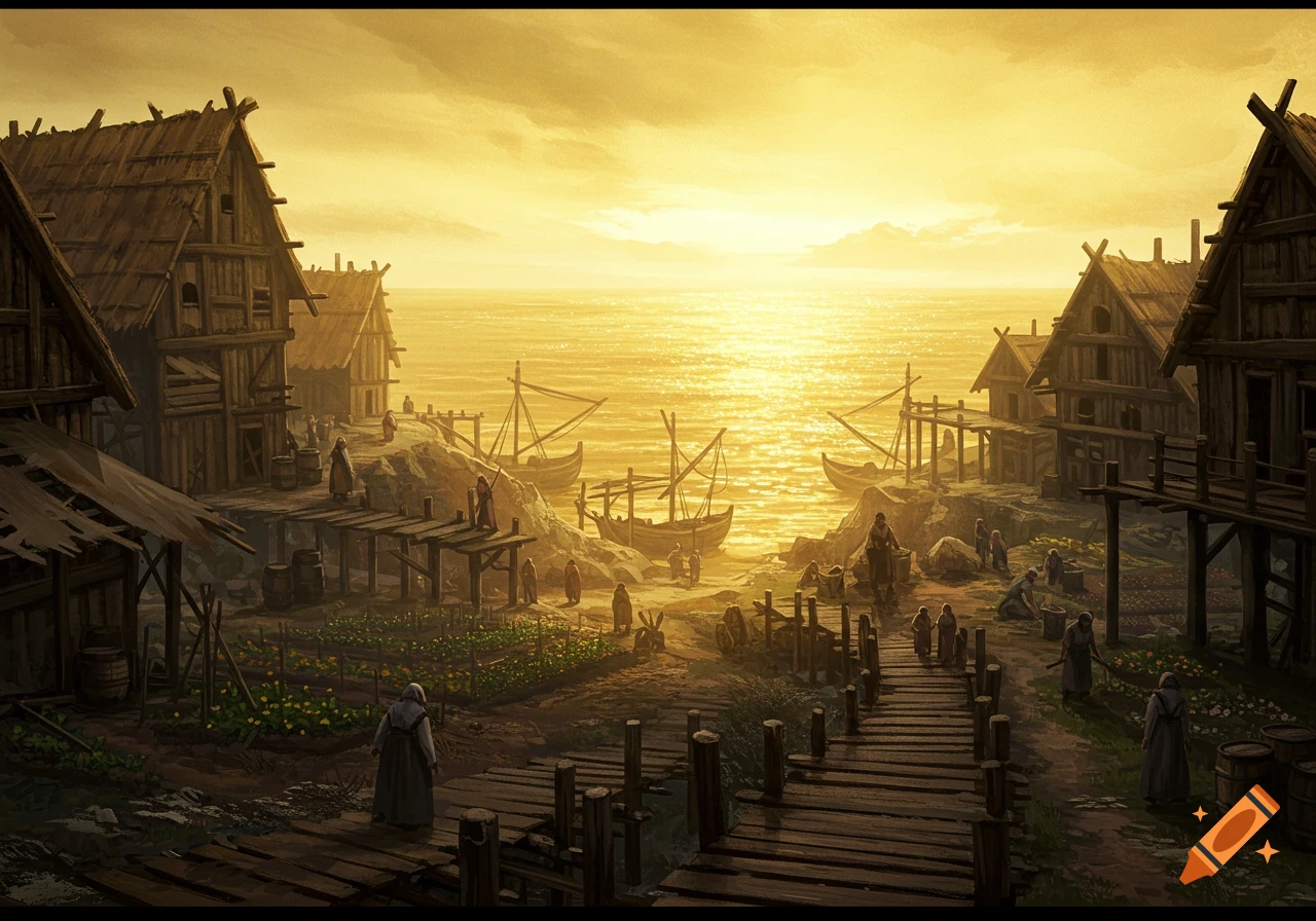 A medieval village with wooden buildings, boats, and people at the water's edge, bathed in the golden light of sunset.