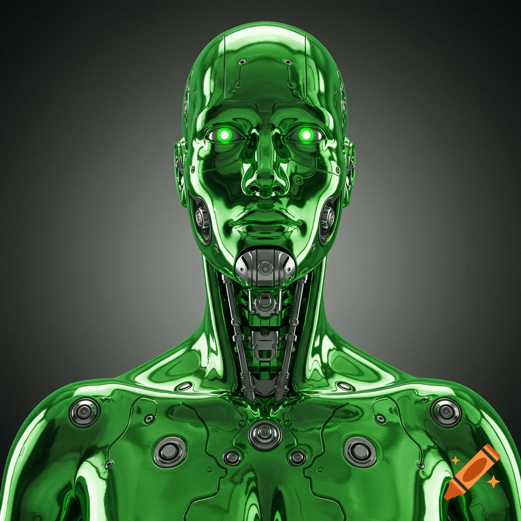 A green chrome cyborg with silver gears and glowing green eyes.