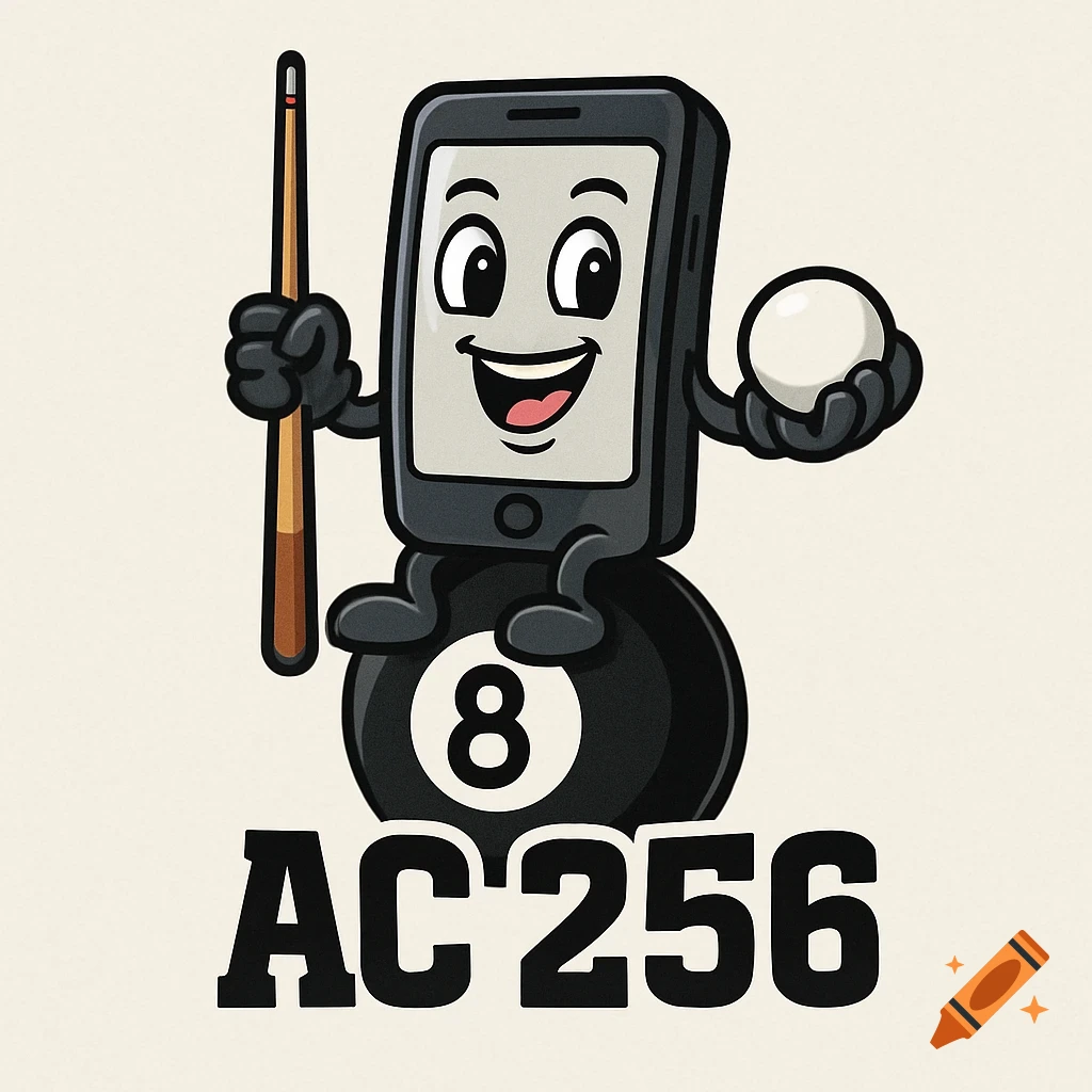 Cartoon cell phone character with a pool stick and cue ball sits on an 8 ball with the text AC 256.