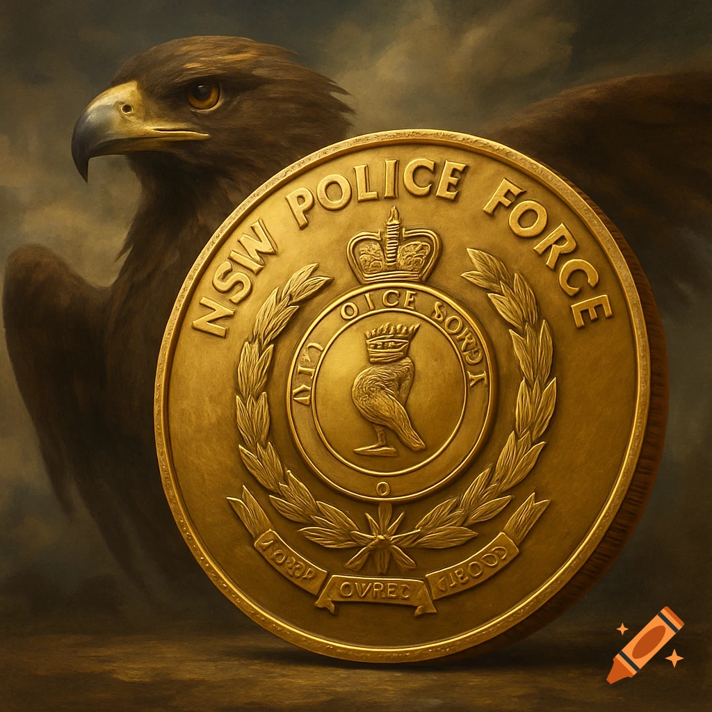 A golden coin with an emblem sits in front of an eagle with spread wings.