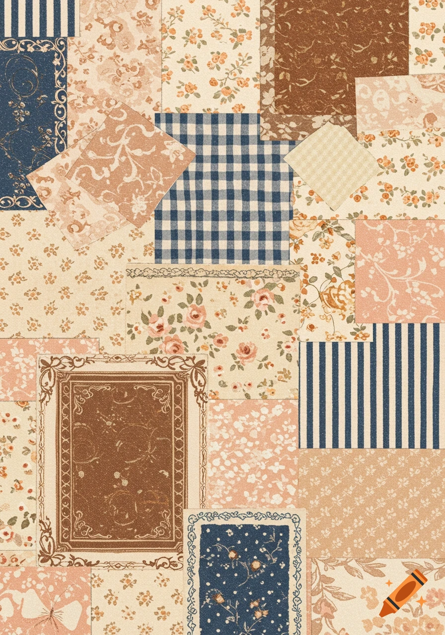 A collage of patterned fabrics including florals, stripes, and checks in pastel colors.