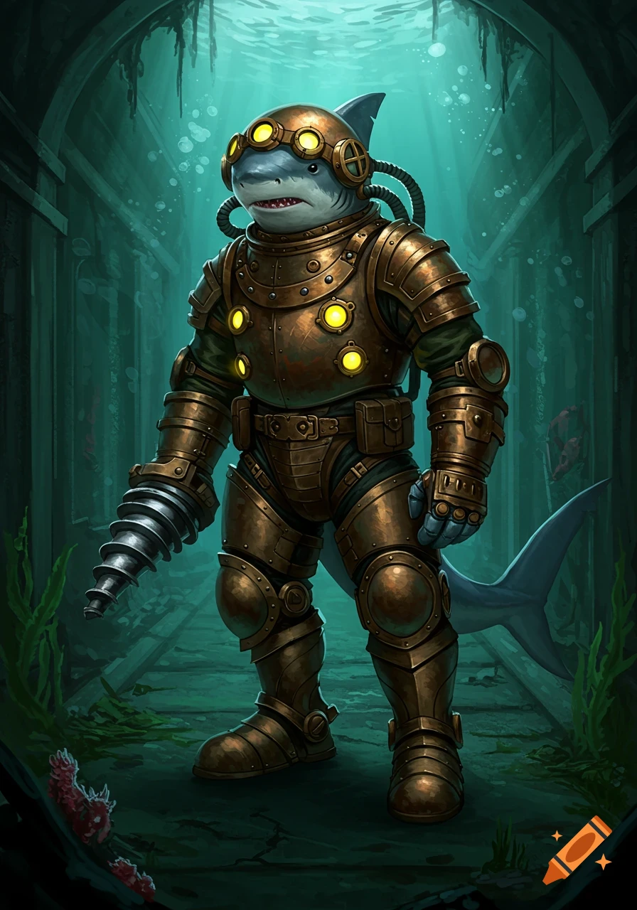 A steampunk shark character in a diving suit stands in an underwater hallway.